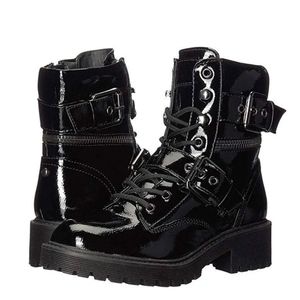 Black patented leather combat boots